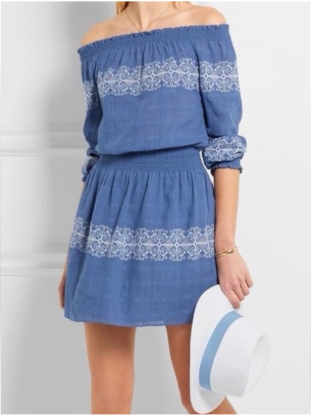 Tory Burch Loretta Off-the-Shoulder Embroidered Gauze Cotton Dress Blue White S